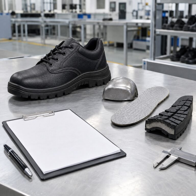 Unbranded safety shoe sample with protective components and blank inspection documents on a factory table