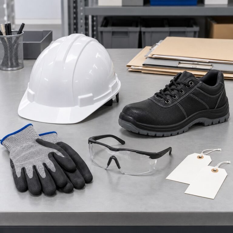 Unbranded personal protective equipment samples with blank technical file folders and inspection labels