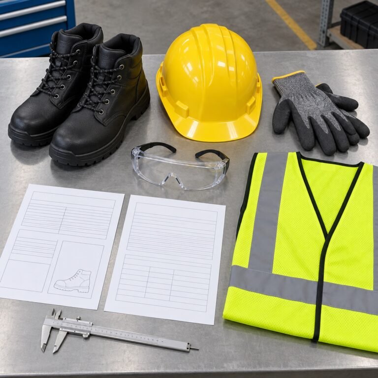 Safety footwear, helmet, gloves, goggles and high visibility vest with blank specification sheets